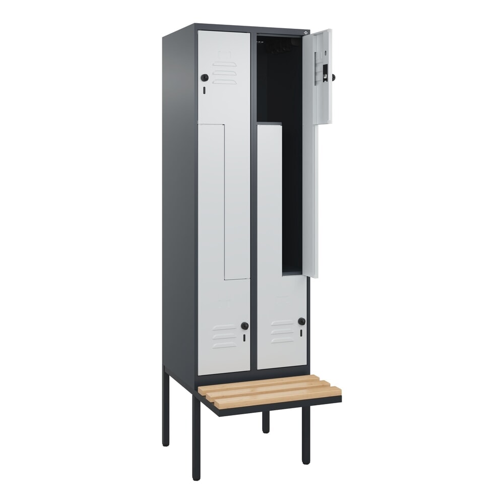 C+P Z-Spind Classic PLUS, 4 Abteile, HxBxT 2.120 x 600 x 815 mm, für Vorhängeschloss, auskragende Bank aus Buche, anthrazitgrau, lichtgrau Produktabbildung: C+P Z-Spind Classic PLUS, 4 Abteile, HxBxT 2.120 x 600 x 815 mm, für Vorhängeschloss, auskragende Bank aus Buche, anthrazitgrau, lichtgrau