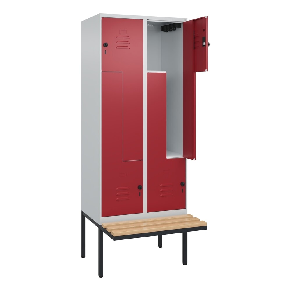 Produktabbildung Nr. 1: C+P Z-Spind Classic PLUS, 4 Abteile, HxBxT 2.120 x 800 x 815 mm, für Vorhängeschloss, auskragende Bank aus Buche, lichtgrau, rubinrot