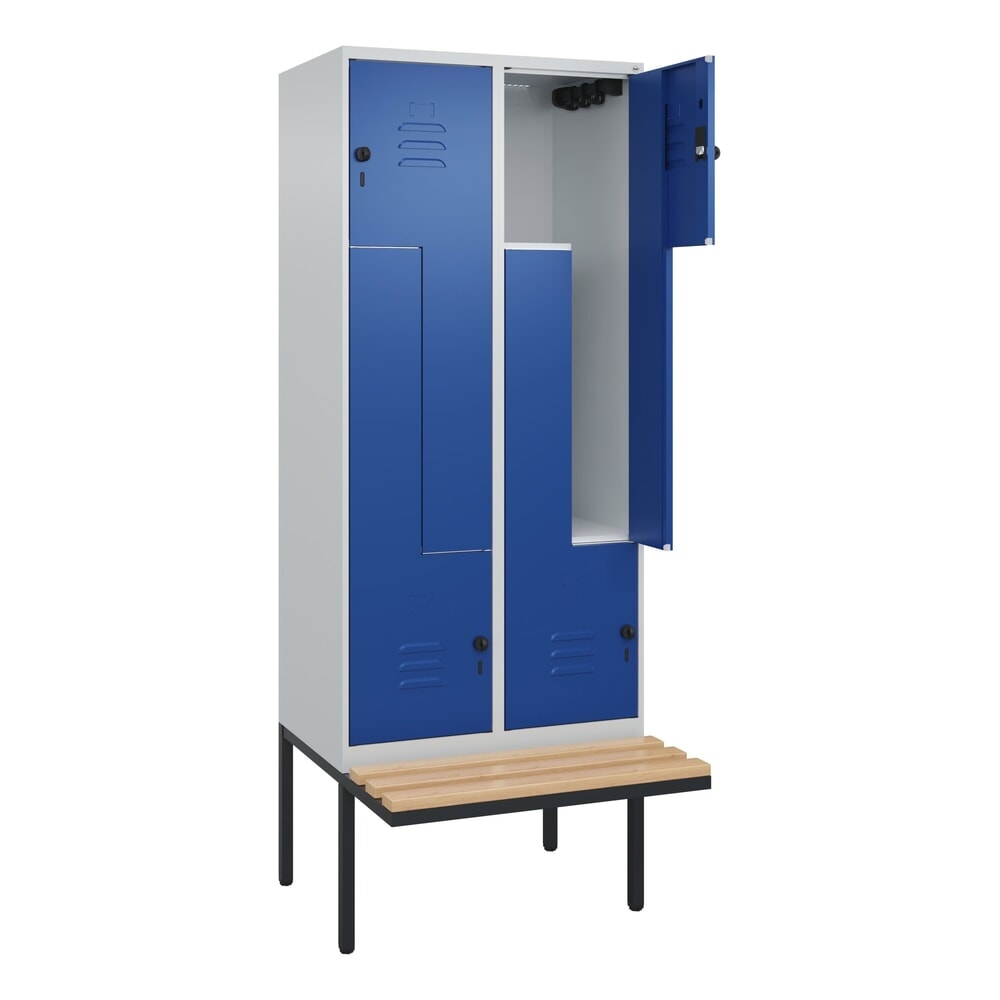 C+P Z-Spind Classic PLUS, 4 Abteile, HxBxT 2.120 x 800 x 815 mm, für Vorhängeschloss, auskragende Bank aus Buche, lichtgrau, enzianblau Produktabbildung Nr. 1: C+P Z-Spind Classic PLUS, 4 Abteile, HxBxT 2.120 x 800 x 815 mm, für Vorhängeschloss, auskragende Bank aus Buche, lichtgrau, enzianblau