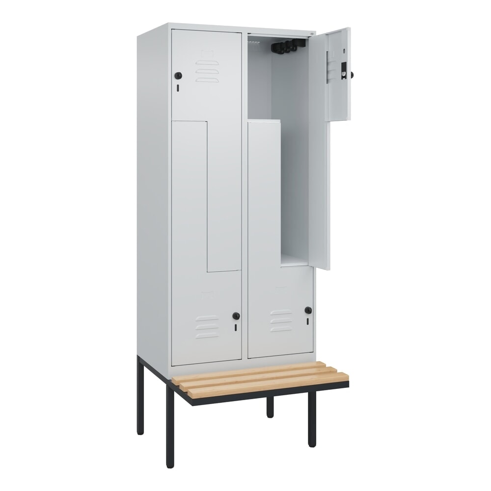 Produktabbildung Nr. 1: C+P Z-Spind Classic PLUS, 4 Abteile, HxBxT 2.120 x 800 x 815 mm, für Vorhängeschloss, auskragende Bank aus Buche, lichtgrau, lichtgrau