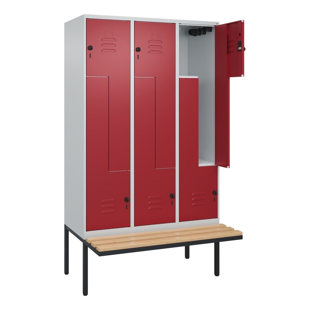Produktabbildung Nr. 1: C+P Z-Spind Classic PLUS, 6 Abteile, HxBxT 2.120 x 1.200 x 815 mm, für Vorhängeschloss, auskragende Bank aus Buche, lichtgrau, rubinrot