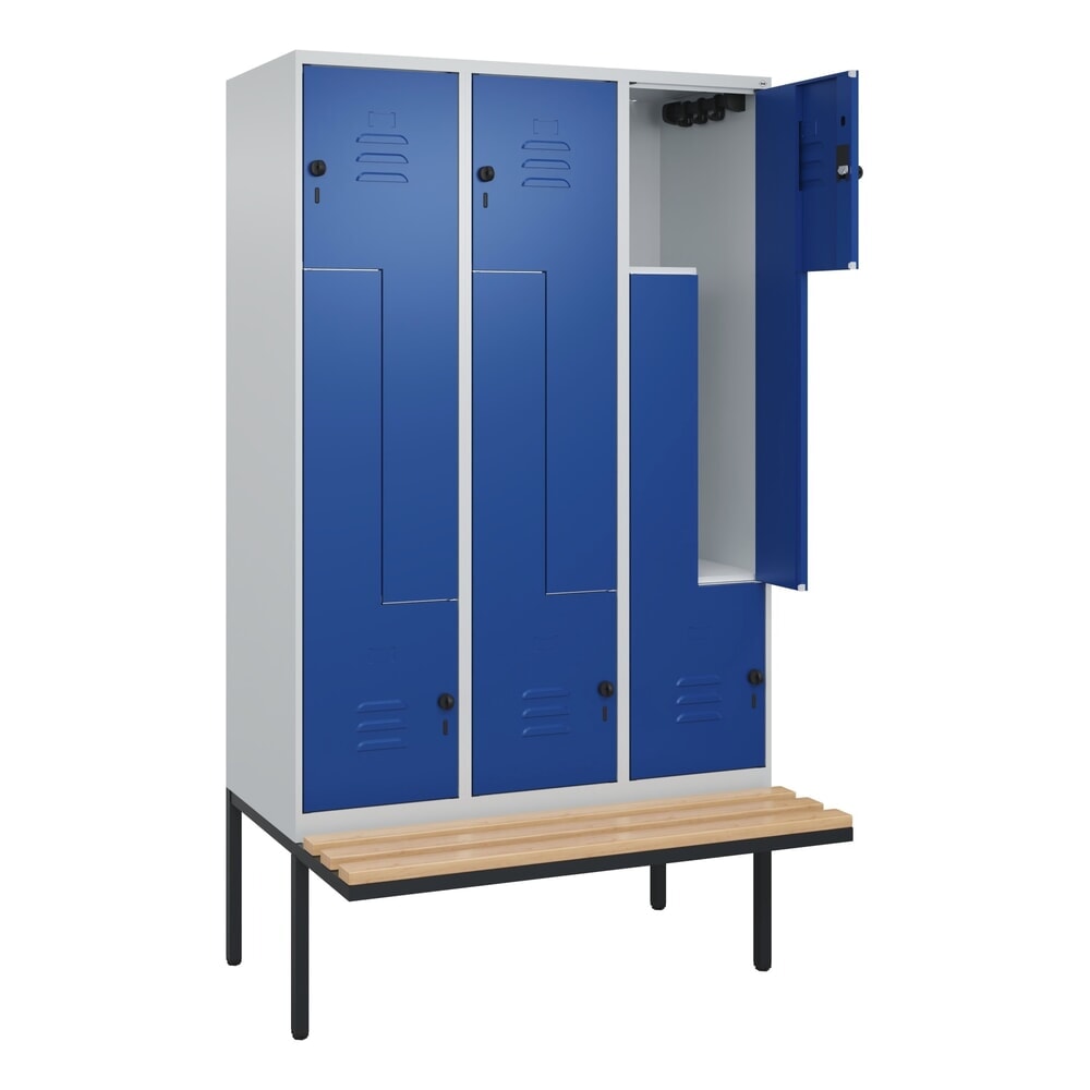 Produktabbildung Nr. 1: C+P Z-Spind Classic PLUS, 6 Abteile, HxBxT 2.120 x 1.200 x 815 mm, für Vorhängeschloss, auskragende Bank aus Buche, lichtgrau, enzianblau