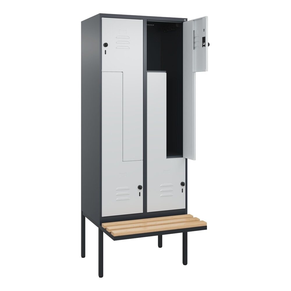 Produktabbildung Nr. 1: C+P Z-Spind Classic PLUS, 4 Abteile, HxBxT 2.120 x 800 x 815 mm, für Vorhängeschloss, auskragende Bank aus Buche, anthrazitgrau, lichtgrau