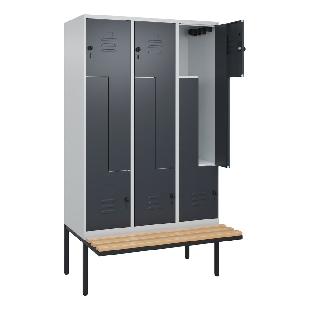 C+P Z-Spind Classic PLUS, 6 Abteile, HxBxT 2.120 x 1.200 x 815 mm, für Vorhängeschloss, auskragende Bank aus Buche, lichtgrau, anthrazitgrau Produktabbildung Nr. 1: C+P Z-Spind Classic PLUS, 6 Abteile, HxBxT 2.120 x 1.200 x 815 mm, für Vorhängeschloss, auskragende Bank aus Buche, lichtgrau, anthrazitgrau