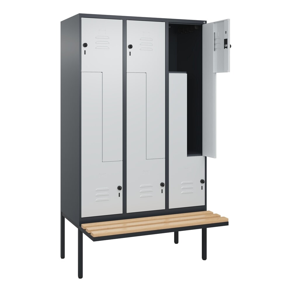 Produktabbildung Nr. 1: C+P Z-Spind Classic PLUS, 6 Abteile, HxBxT 2.120 x 1.200 x 815 mm, für Vorhängeschloss, auskragende Bank aus Buche, anthrazitgrau, lichtgrau