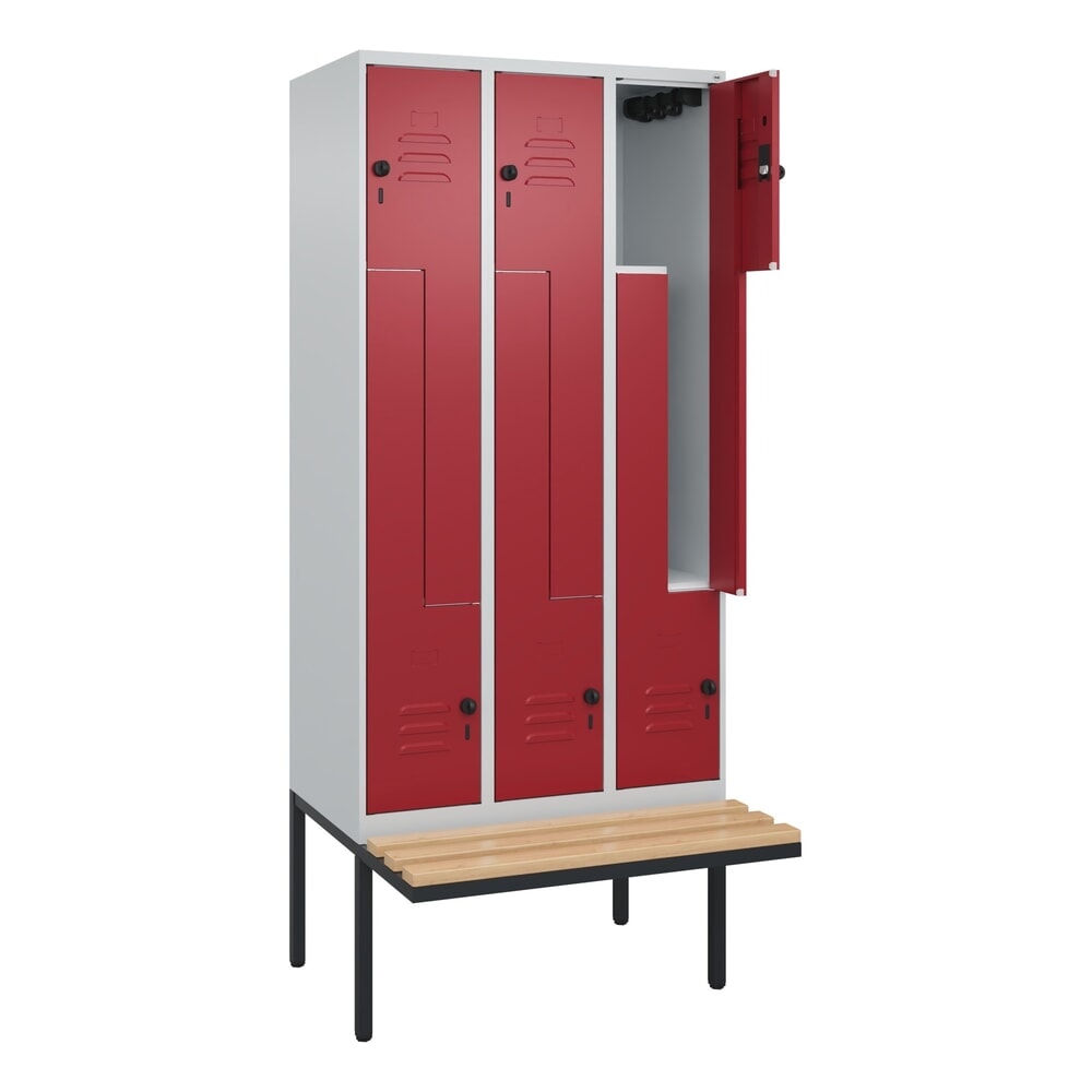 C+P Z-Spind Classic PLUS, 6 Abteile, HxBxT 2.120 x 900 x 815 mm, für Vorhängeschloss, auskragende Bank aus Buche, lichtgrau, rubinrot Produktabbildung: C+P Z-Spind Classic PLUS, 6 Abteile, HxBxT 2.120 x 900 x 815 mm, für Vorhängeschloss, auskragende Bank aus Buche, lichtgrau, rubinrot