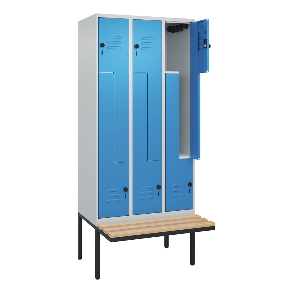C+P Z-Spind Classic PLUS, 6 Abteile, HxBxT 2.120 x 900 x 815 mm, für Vorhängeschloss, auskragende Bank aus Buche, lichtgrau, lichtblau Produktabbildung: C+P Z-Spind Classic PLUS, 6 Abteile, HxBxT 2.120 x 900 x 815 mm, für Vorhängeschloss, auskragende Bank aus Buche, lichtgrau, lichtblau