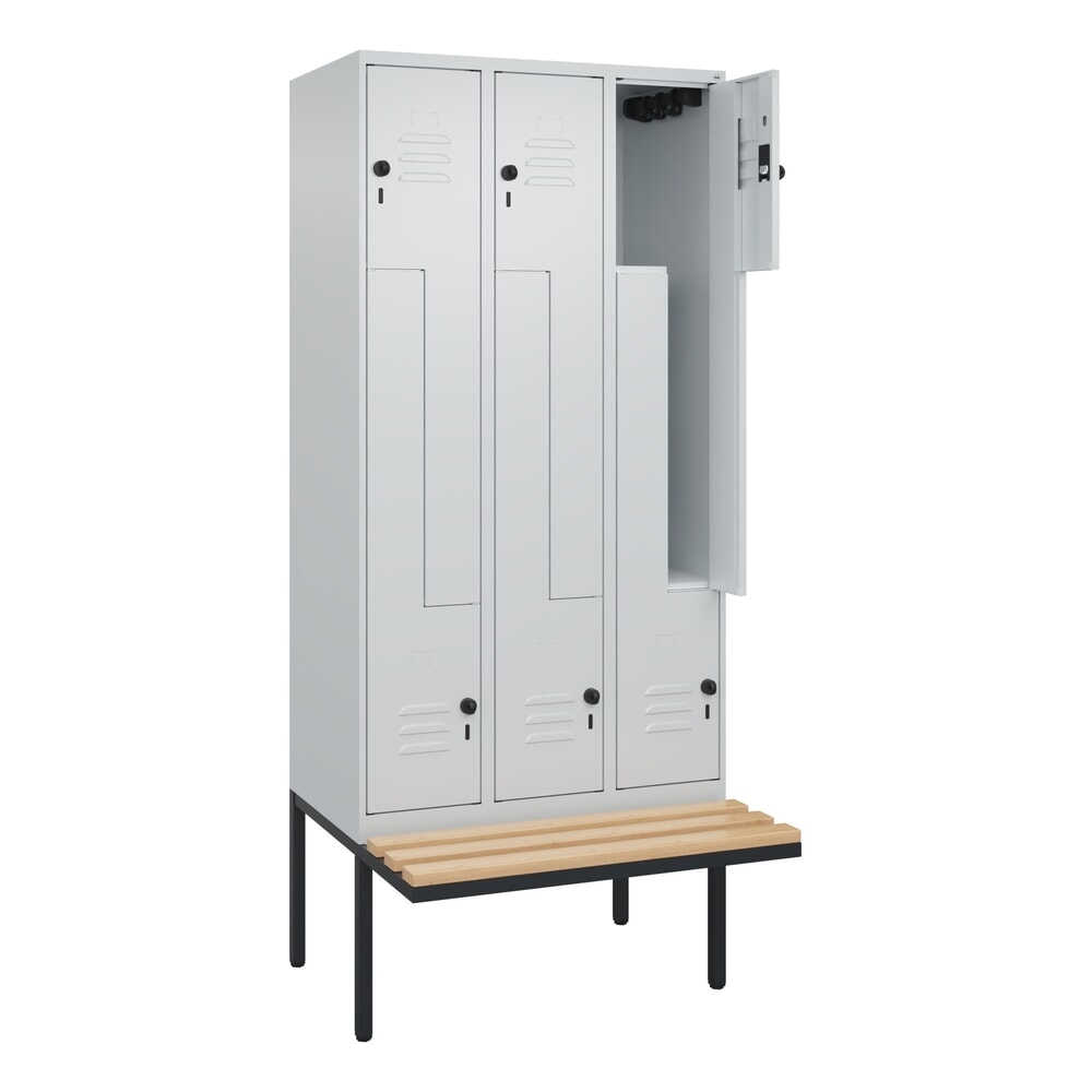 C+P Z-Spind Classic PLUS, 6 Abteile, HxBxT 2.120 x 900 x 815 mm, für Vorhängeschloss, auskragende Bank aus Buche, lichtgrau, lichtgrau Produktabbildung: C+P Z-Spind Classic PLUS, 6 Abteile, HxBxT 2.120 x 900 x 815 mm, für Vorhängeschloss, auskragende Bank aus Buche, lichtgrau, lichtgrau
