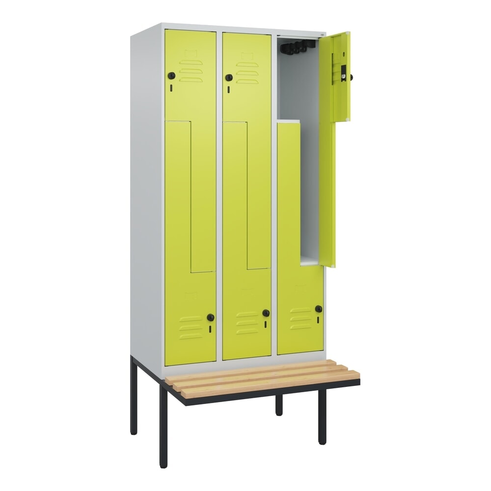 C+P Z-Spind Classic PLUS, 6 Abteile, HxBxT 2.120 x 900 x 815 mm, für Vorhängeschloss, auskragende Bank aus Buche, lichtgrau, clowngrün Produktabbildung: C+P Z-Spind Classic PLUS, 6 Abteile, HxBxT 2.120 x 900 x 815 mm, für Vorhängeschloss, auskragende Bank aus Buche, lichtgrau, clowngrün