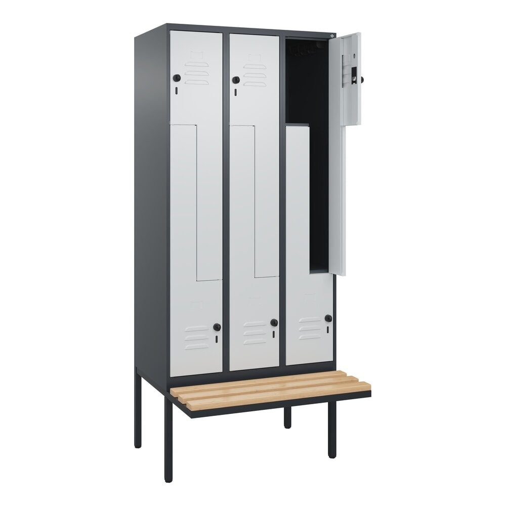 C+P Z-Spind Classic PLUS, 6 Abteile, HxBxT 2.120 x 900 x 815 mm, für Vorhängeschloss, auskragende Bank aus Buche, anthrazitgrau, lichtgrau Produktabbildung: C+P Z-Spind Classic PLUS, 6 Abteile, HxBxT 2.120 x 900 x 815 mm, für Vorhängeschloss, auskragende Bank aus Buche, anthrazitgrau, lichtgrau