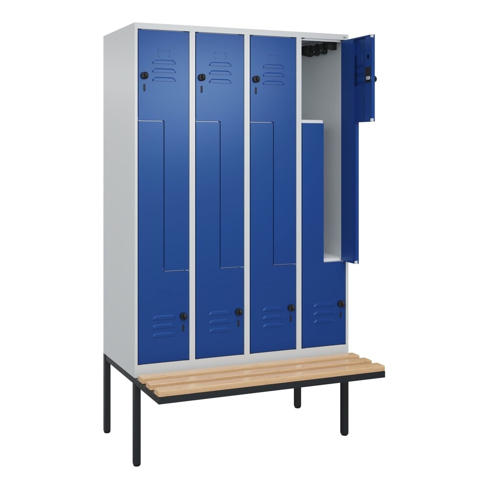Produktabbildung: C+P Z-Spind Classic PLUS, 8 Abteile, HxBxT 2.120 x 1.200 x 815 mm, für Vorhängeschloss, auskragende Bank aus Buche, lichtgrau, enzianblau