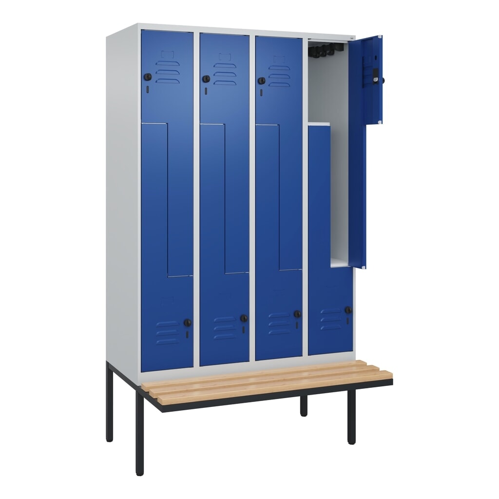 C+P Z-Spind Classic PLUS, 8 Abteile, HxBxT 2.120 x 1.200 x 815 mm, für Vorhängeschloss, auskragende Bank aus Buche, lichtgrau, enzianblau Produktabbildung: C+P Z-Spind Classic PLUS, 8 Abteile, HxBxT 2.120 x 1.200 x 815 mm, für Vorhängeschloss, auskragende Bank aus Buche, lichtgrau, enzianblau