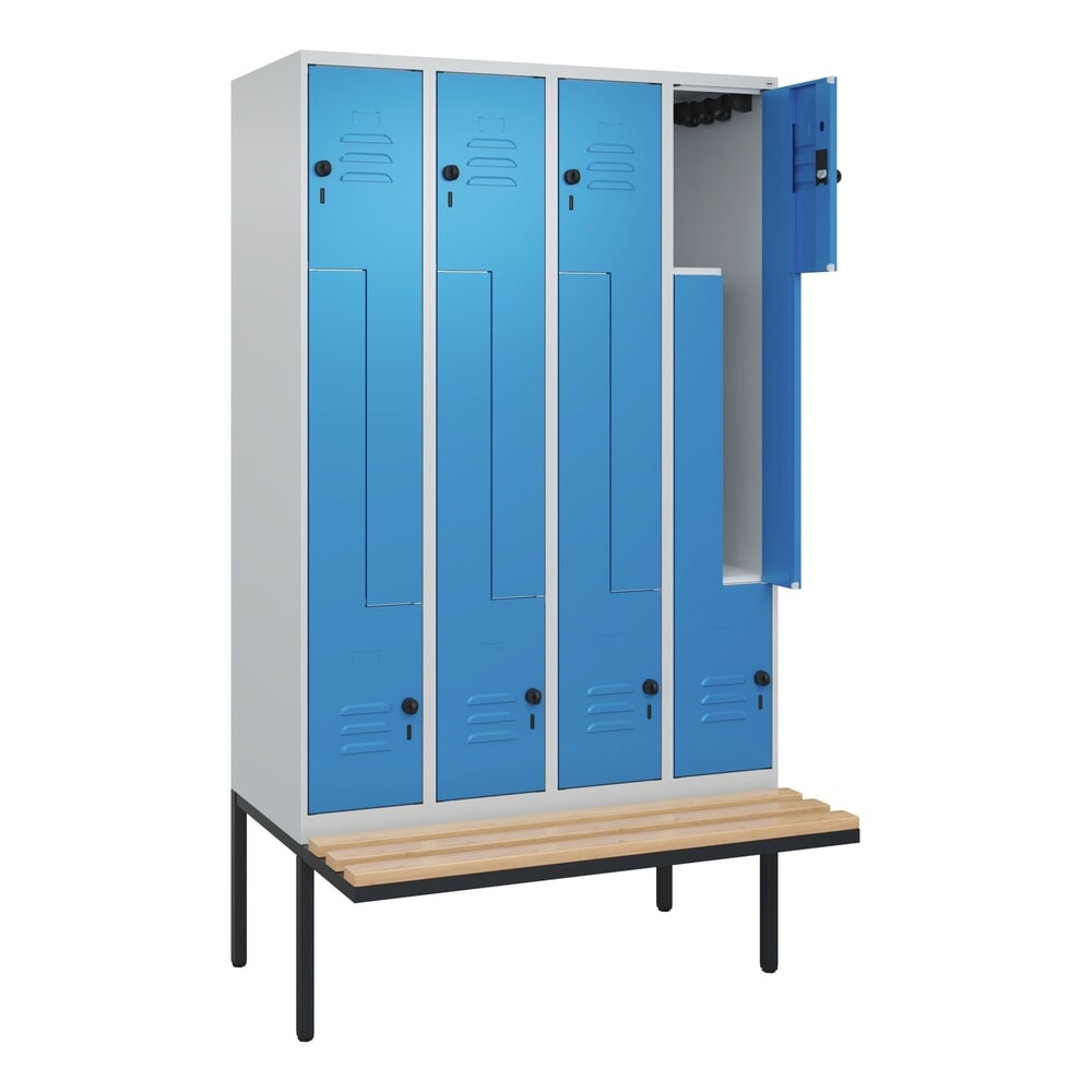 Produktabbildung Nr. 1: C+P Z-Spind Classic PLUS, 8 Abteile, HxBxT 2.120 x 1.200 x 815 mm, für Vorhängeschloss, auskragende Bank aus Buche, lichtgrau, lichtblau