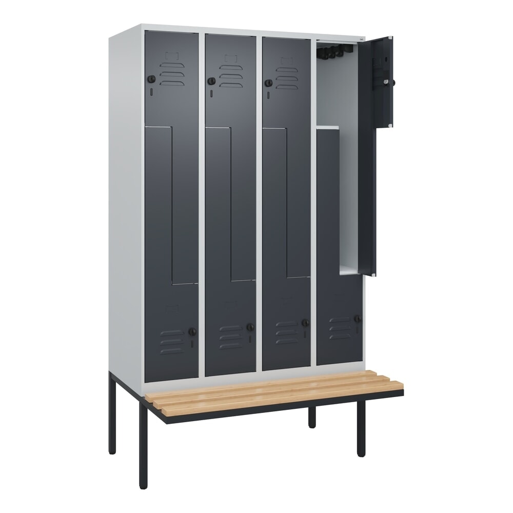 C+P Z-Spind Classic PLUS, 8 Abteile, HxBxT 2.120 x 1.200 x 815 mm, für Vorhängeschloss, auskragende Bank aus Buche, lichtgrau, anthrazitgrau Produktabbildung Nr. 1: C+P Z-Spind Classic PLUS, 8 Abteile, HxBxT 2.120 x 1.200 x 815 mm, für Vorhängeschloss, auskragende Bank aus Buche, lichtgrau, anthrazitgrau
