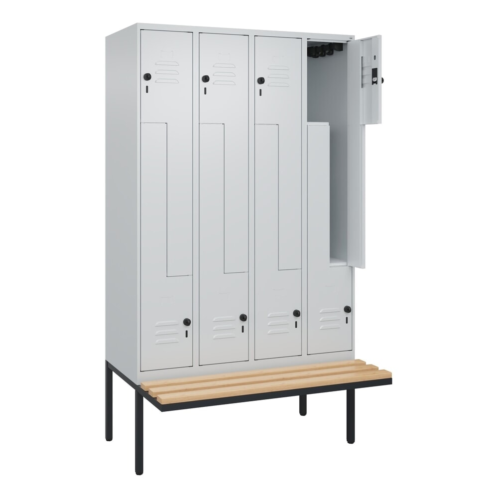 Produktabbildung Nr. 1: C+P Z-Spind Classic PLUS, 8 Abteile, HxBxT 2.120 x 1.200 x 815 mm, für Vorhängeschloss, auskragende Bank aus Buche, lichtgrau, lichtgrau