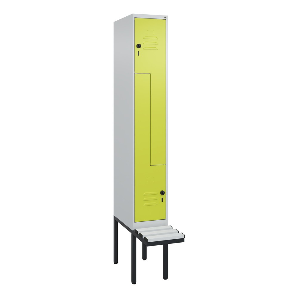 Produktabbildung: C+P Z-Spind Classic PLUS, 2 Abteile, HxBxT 2.120 x 300 x 815 mm, für Vorhängeschloss, auskragende Bank aus Kunststoff, lichtgrau, clowngrün