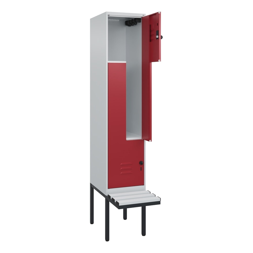 Produktabbildung: C+P Z-Spind Classic PLUS, 2 Abteile, HxBxT 2.120 x 400 x 815 mm, für Vorhängeschloss, auskragende Bank aus Kunststoff, lichtgrau, rubinrot