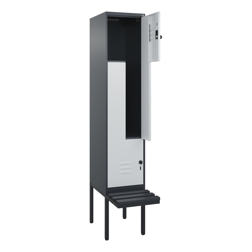 Produktabbildung: C+P Z-Spind Classic PLUS, 2 Abteile, HxBxT 2.120 x 400 x 815 mm, für Vorhängeschloss, auskragende Bank aus Kunststoff, anthrazitgrau, lichtgrau