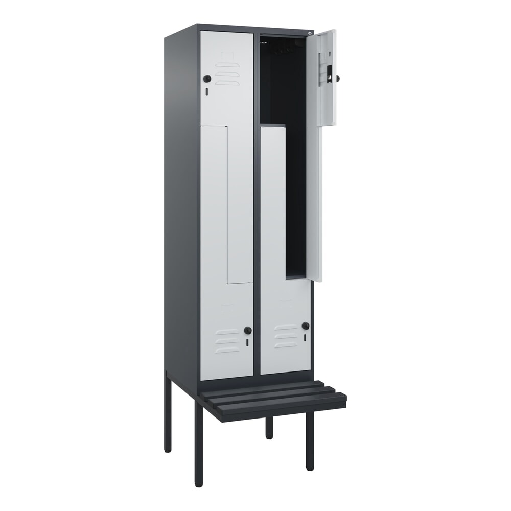 Produktabbildung: C+P Z-Spind Classic PLUS, 4 Abteile, HxBxT 2.120 x 600 x 815 mm, für Vorhängeschloss, auskragende Bank aus Kunststoff, anthrazitgrau, lichtgrau