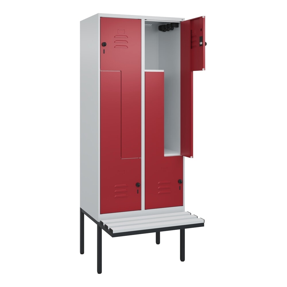 Produktabbildung Nr. 1: C+P Z-Spind Classic PLUS, 4 Abteile, HxBxT 2.120 x 800 x 815 mm, für Vorhängeschloss, auskragende Bank aus Kunststoff, lichtgrau, rubinrot