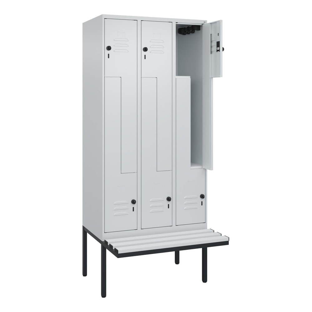 Produktabbildung: C+P Z-Spind Classic PLUS, 6 Abteile, HxBxT 2.120 x 900 x 815 mm, für Vorhängeschloss, auskragende Bank aus Kunststoff, lichtgrau, lichtgrau