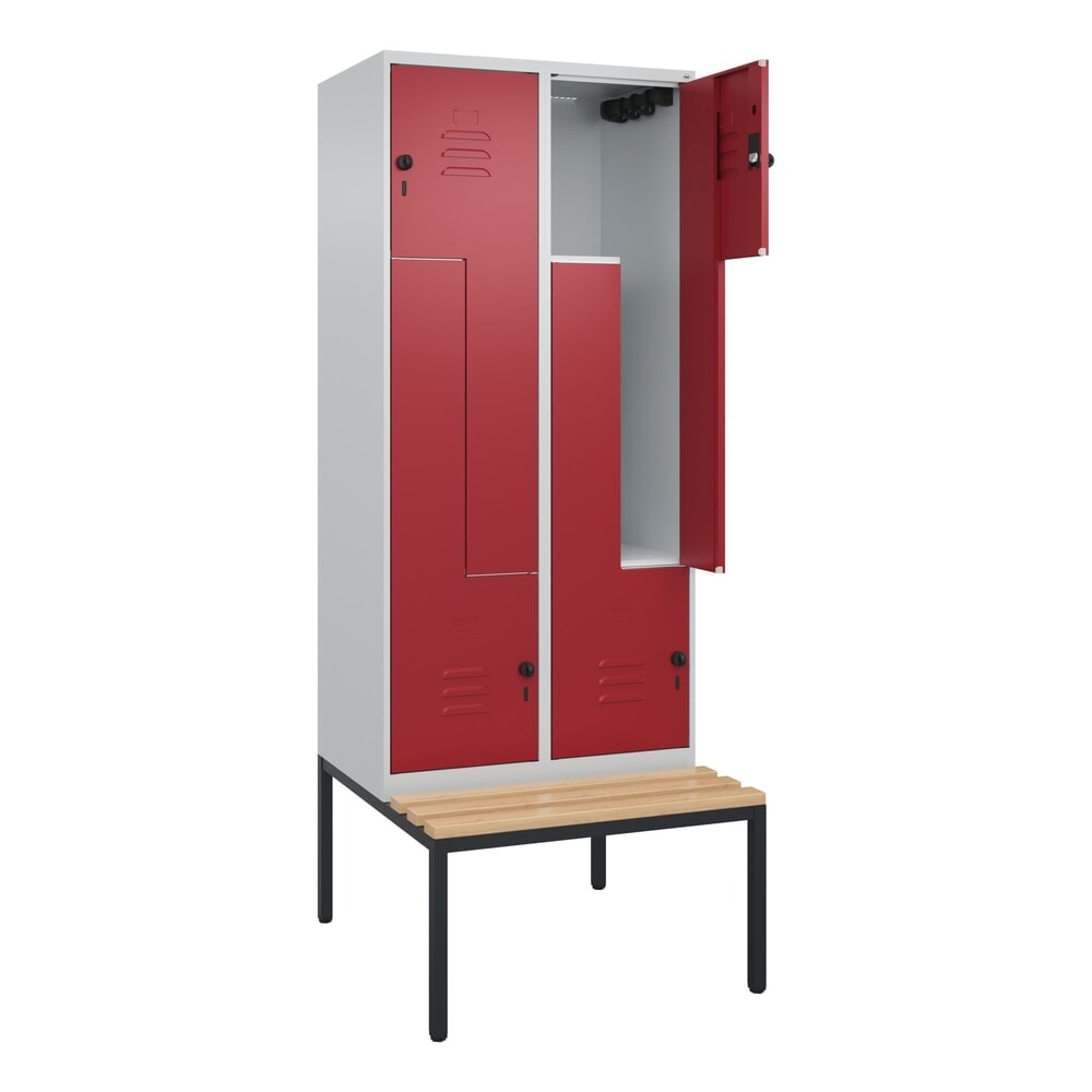 Produktabbildung: C+P Z-Spind Classic PLUS, 4 Abteile, HxBxT 2.120 x 800 x 815 mm, für Vorhängeschloss, untergebaute Bank aus Buche, lichtgrau, rubinrot