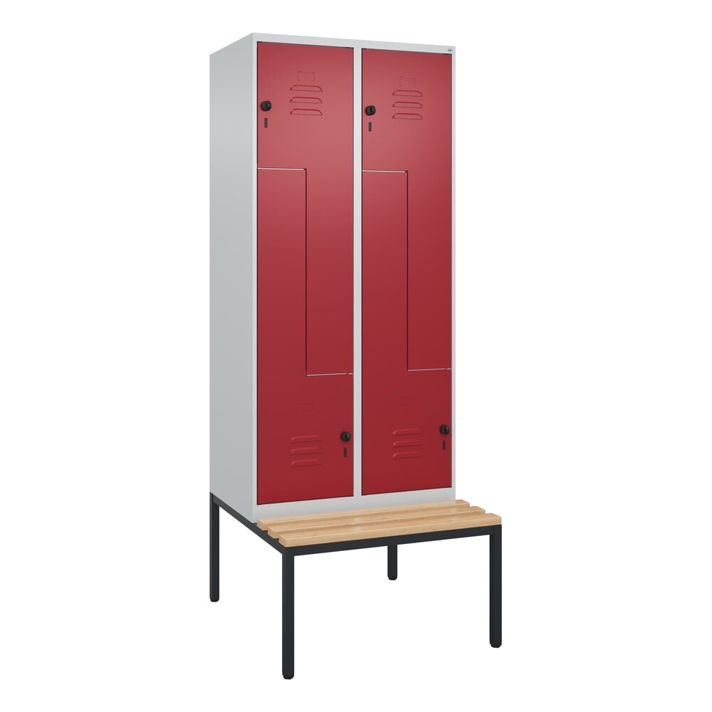 Produktabbildung Nr. 8: C+P Z-Spind Classic PLUS, 4 Abteile, HxBxT 2.120 x 800 x 815 mm, für Vorhängeschloss, untergebaute Bank aus Buche, lichtgrau, rubinrot