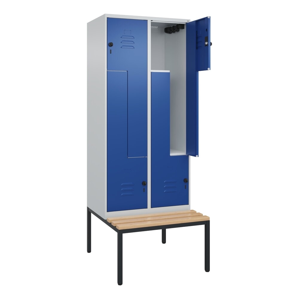 Produktabbildung: C+P Z-Spind Classic PLUS, 4 Abteile, HxBxT 2.120 x 800 x 815 mm, für Vorhängeschloss, untergebaute Bank aus Buche, lichtgrau, enzianblau