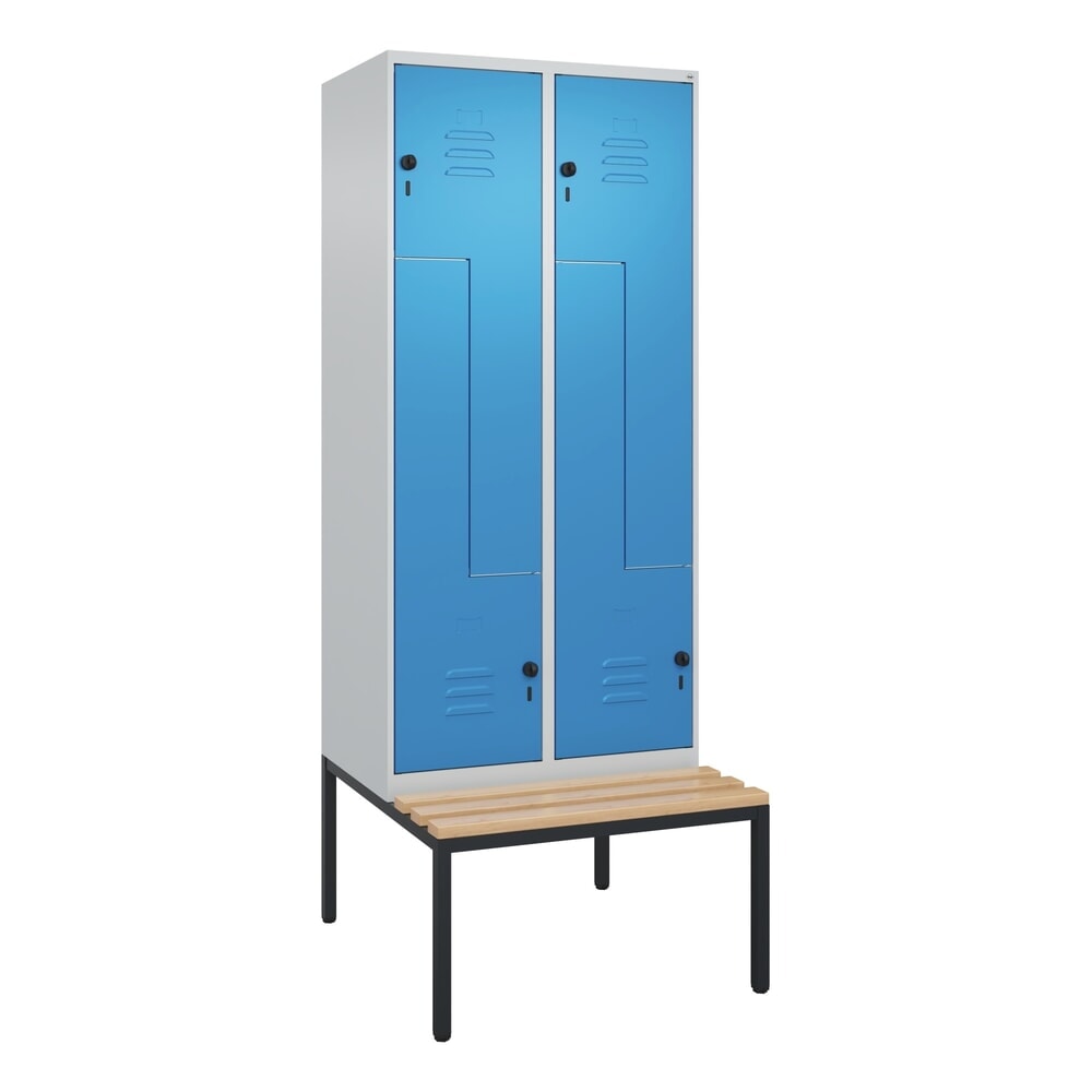 Produktabbildung Nr. 9: C+P Z-Spind Classic PLUS, 4 Abteile, HxBxT 2.120 x 800 x 815 mm, für Vorhängeschloss, untergebaute Bank aus Buche, lichtgrau, lichtblau