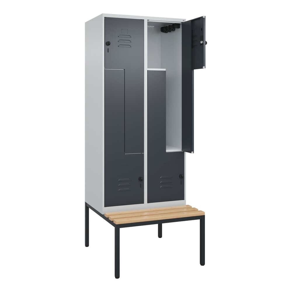 Produktabbildung: C+P Z-Spind Classic PLUS, 4 Abteile, HxBxT 2.120 x 800 x 815 mm, für Vorhängeschloss, untergebaute Bank aus Buche, lichtgrau, anthrazitgrau