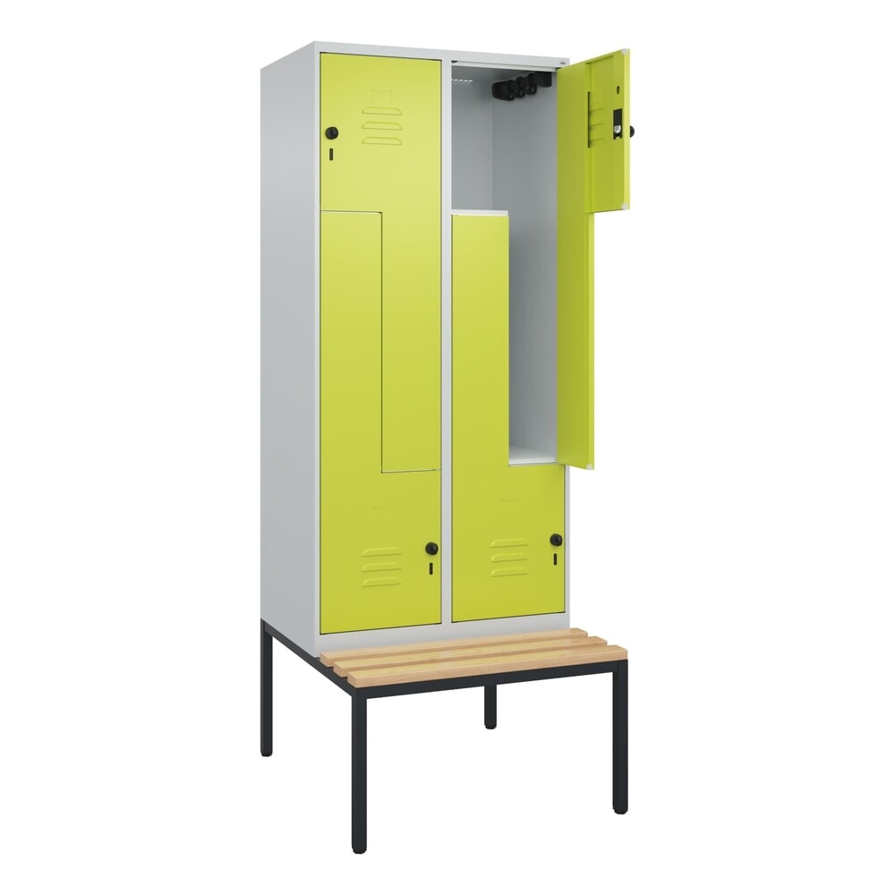 Produktabbildung: C+P Z-Spind Classic PLUS, 4 Abteile, HxBxT 2.120 x 800 x 815 mm, für Vorhängeschloss, untergebaute Bank aus Buche, lichtgrau, clowngrün