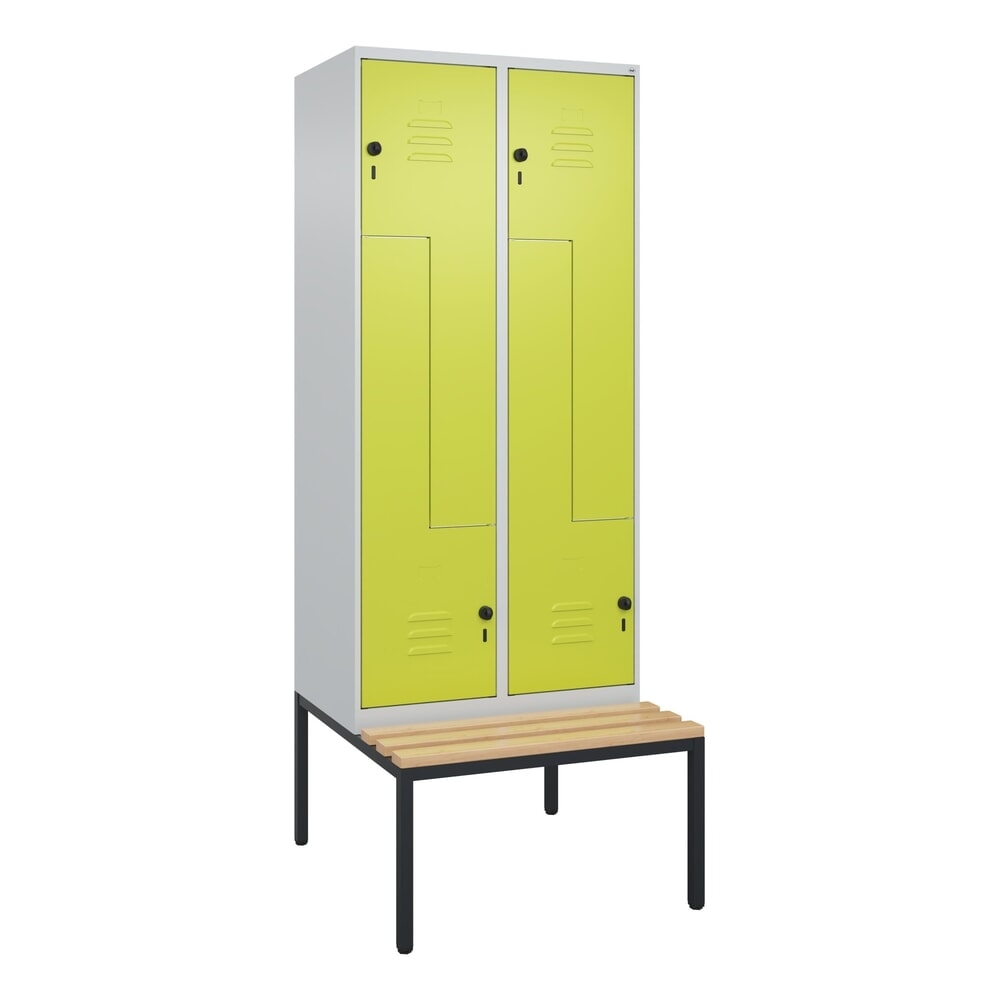 Produktabbildung Nr. 9: C+P Z-Spind Classic PLUS, 4 Abteile, HxBxT 2.120 x 800 x 815 mm, für Vorhängeschloss, untergebaute Bank aus Buche, lichtgrau, clowngrün