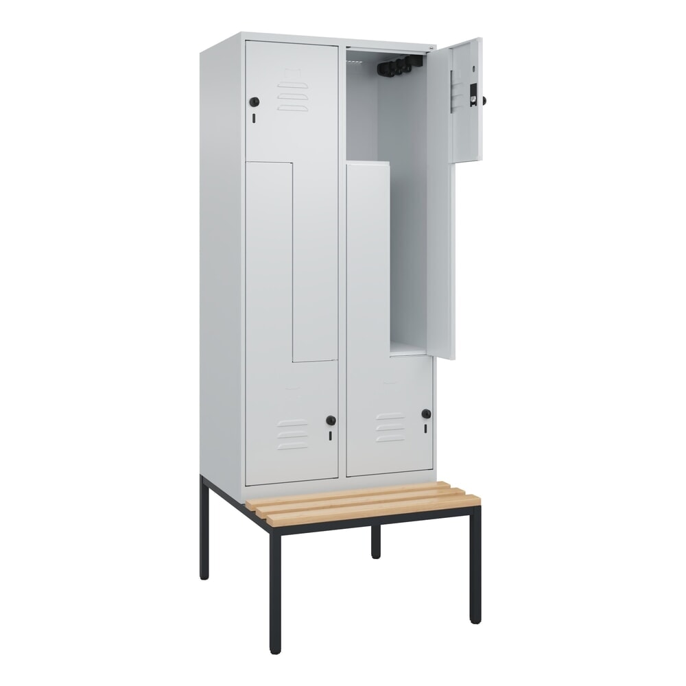 Produktabbildung: C+P Z-Spind Classic PLUS, 4 Abteile, HxBxT 2.120 x 800 x 815 mm, für Vorhängeschloss, untergebaute Bank aus Buche, lichtgrau, lichtgrau