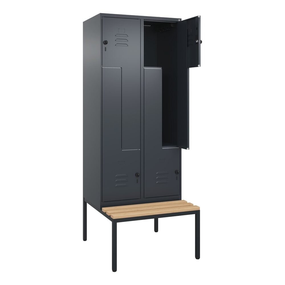 Produktabbildung: C+P Z-Spind Classic PLUS, 4 Abteile, HxBxT 2.120 x 800 x 815 mm, für Vorhängeschloss, untergebaute Bank aus Buche, anthrazitgrau, anthrazitgrau