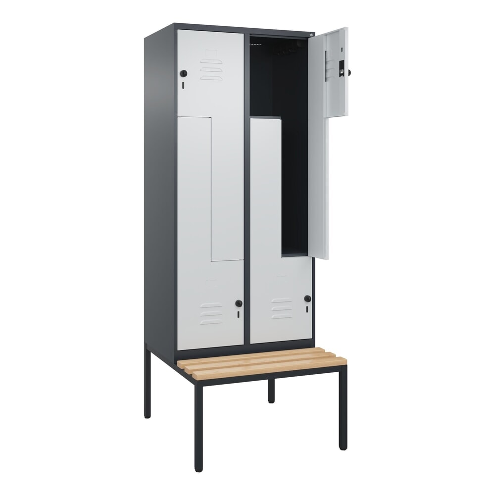Produktabbildung: C+P Z-Spind Classic PLUS, 4 Abteile, HxBxT 2.120 x 800 x 815 mm, für Vorhängeschloss, untergebaute Bank aus Buche, anthrazitgrau, lichtgrau
