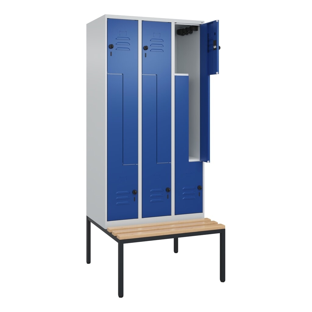 C+P Z-Spind Classic PLUS, 6 Abteile, HxBxT 2.120 x 900 x 815 mm, für Vorhängeschloss, untergebaute Bank aus Buche, lichtgrau, enzianblau Produktabbildung: C+P Z-Spind Classic PLUS, 6 Abteile, HxBxT 2.120 x 900 x 815 mm, für Vorhängeschloss, untergebaute Bank aus Buche, lichtgrau, enzianblau
