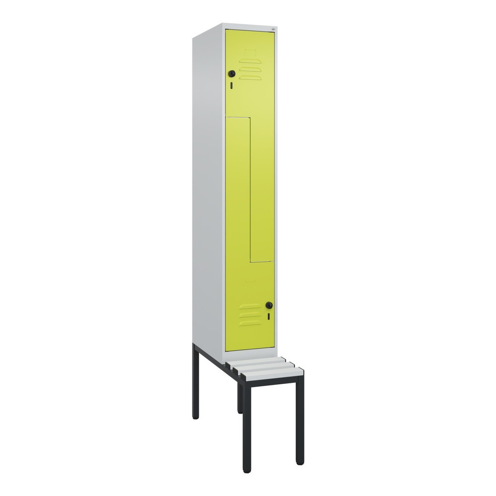 Produktabbildung: C+P Z-Spind Classic PLUS, 2 Abteile, HxBxT 2.120 x 300 x 815 mm, für Vorhängeschloss, untergebaute Bank aus Kunststoff, lichtgrau, clowngrün