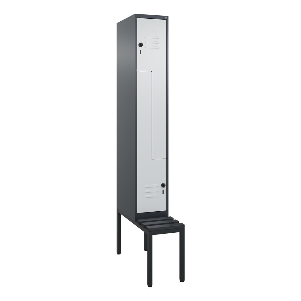 Produktabbildung: C+P Z-Spind Classic PLUS, 2 Abteile, HxBxT 2.120 x 300 x 815 mm, für Vorhängeschloss, untergebaute Bank aus Kunststoff, anthrazitgrau, lichtgrau