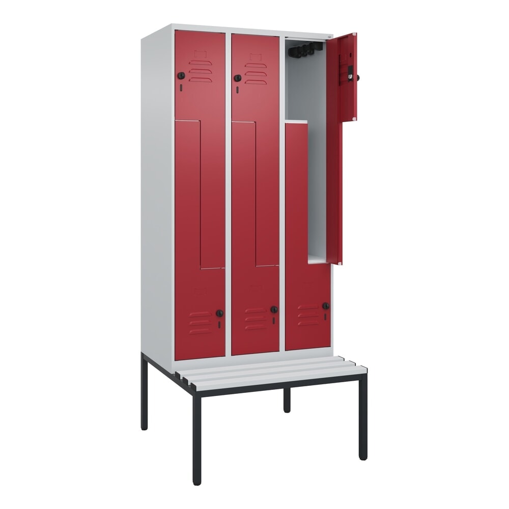 Produktabbildung: C+P Z-Spind Classic PLUS, 6 Abteile, HxBxT 2.120 x 900 x 815 mm, für Vorhängeschloss, untergebaute Bank aus Kunststoff, lichtgrau, rubinrot