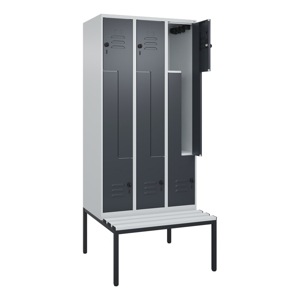 Produktabbildung: C+P Z-Spind Classic PLUS, 6 Abteile, HxBxT 2.120 x 900 x 815 mm, für Vorhängeschloss, untergebaute Bank aus Kunststoff, lichtgrau, anthrazitgrau