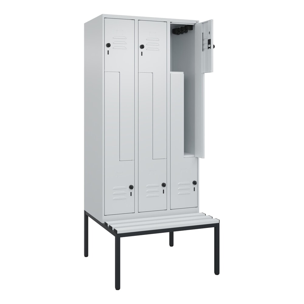 Produktabbildung: C+P Z-Spind Classic PLUS, 6 Abteile, HxBxT 2.120 x 900 x 815 mm, für Vorhängeschloss, untergebaute Bank aus Kunststoff, lichtgrau, lichtgrau