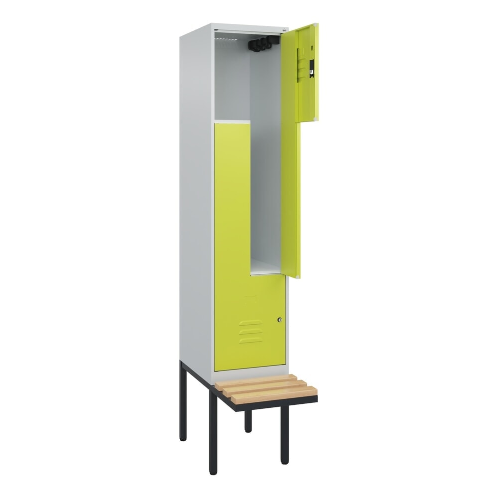 Produktabbildung: C+P Z-Spind Classic PLUS, 2 Abteile, HxBxT 2.120 x 400 x 815 mm, Zylinderschloss, auskragende Bank aus Buche, lichtgrau, clowngrün