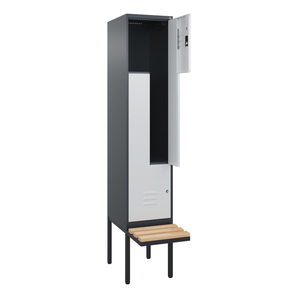 Produktabbildung: C+P Z-Spind Classic PLUS, 2 Abteile, HxBxT 2.120 x 400 x 815 mm, Zylinderschloss, auskragende Bank aus Buche, anthrazitgrau, lichtgrau