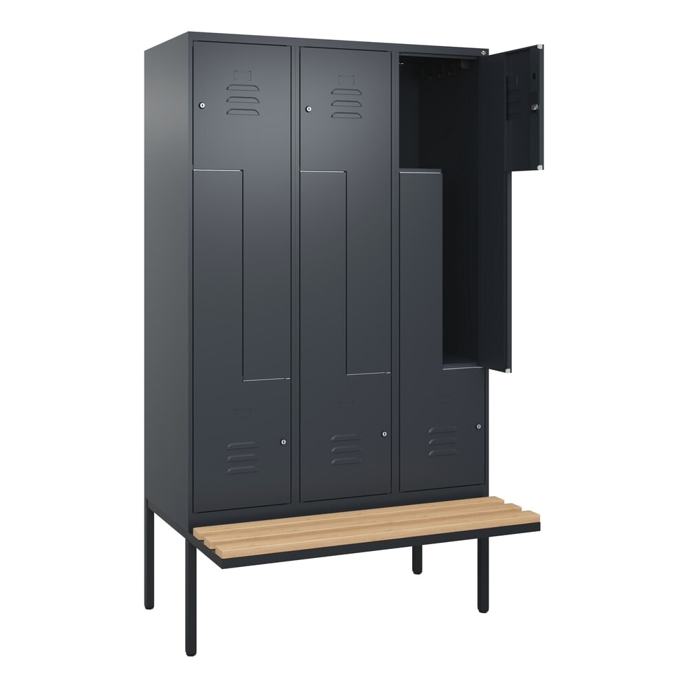 Produktabbildung: C+P Z-Spind Classic PLUS, 6 Abteile, HxBxT 2.120 x 1.200 x 815 mm, Zylinderschloss, auskragende Bank aus Buche, anthrazitgrau, anthrazitgrau