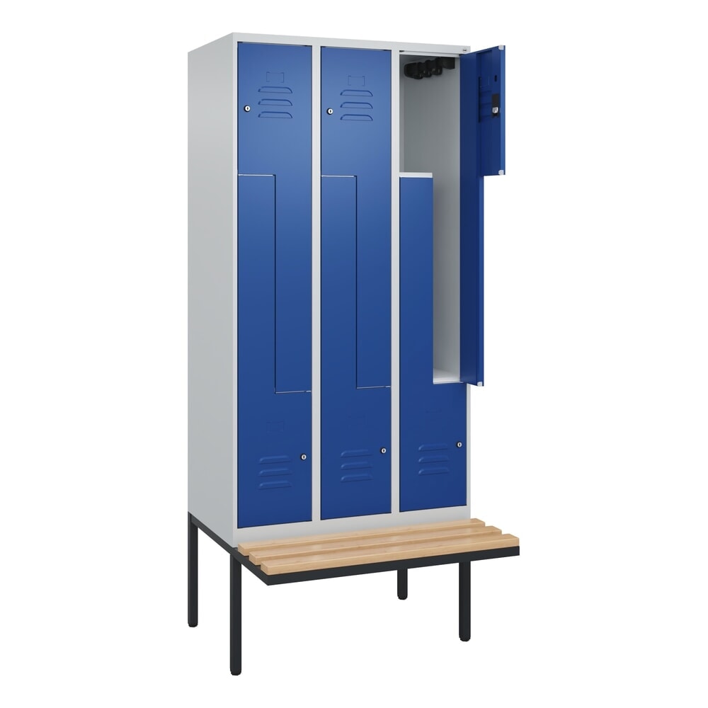 C+P Z-Spind Classic PLUS, 6 Abteile, HxBxT 2.120 x 900 x 815 mm, Zylinderschloss, auskragende Bank aus Buche, lichtgrau, enzianblau Produktabbildung: C+P Z-Spind Classic PLUS, 6 Abteile, HxBxT 2.120 x 900 x 815 mm, Zylinderschloss, auskragende Bank aus Buche, lichtgrau, enzianblau