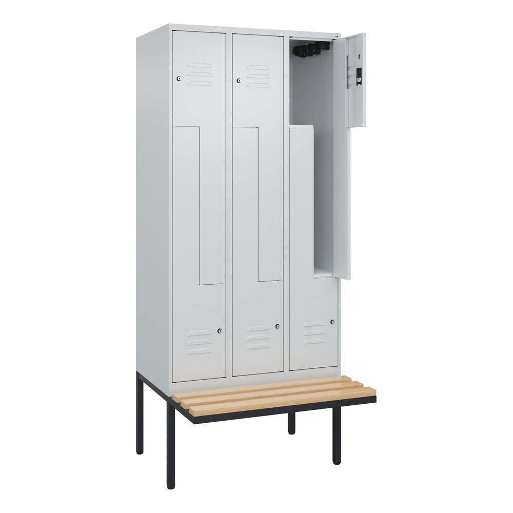 Produktabbildung Nr. 1: C+P Z-Spind Classic PLUS, 6 Abteile, HxBxT 2.120 x 900 x 815 mm, Zylinderschloss, auskragende Bank aus Buche, lichtgrau, lichtgrau