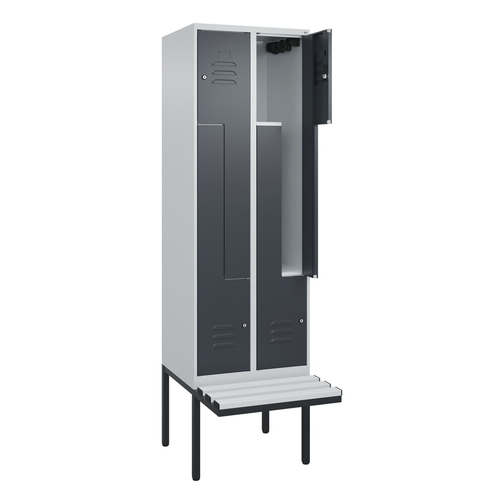 Produktabbildung: C+P Z-Spind Classic PLUS, 4 Abteile, HxBxT 2.120 x 600 x 815 mm, Zylinderschloss, auskragende Bank aus Kunststoff, lichtgrau, anthrazitgrau