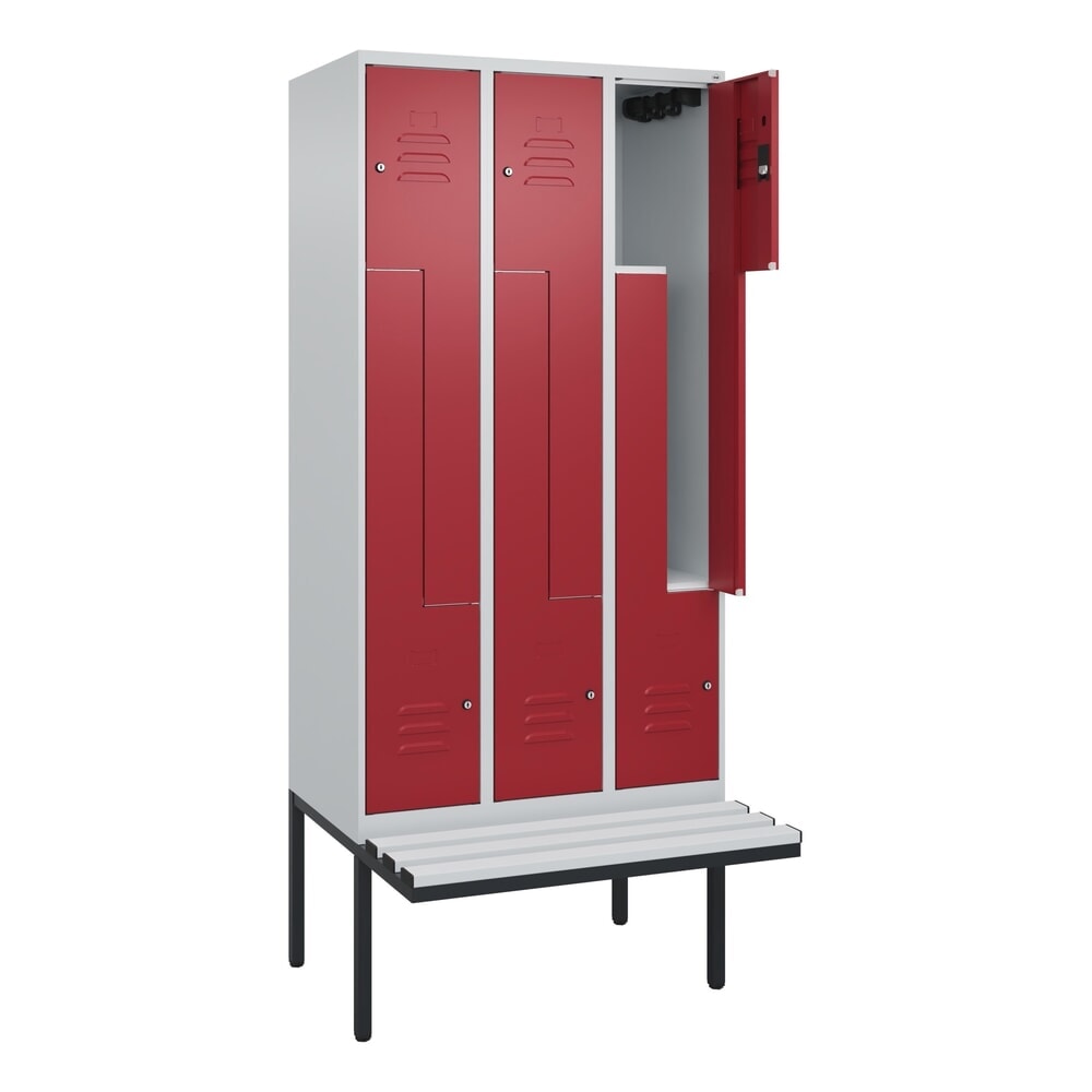 C+P Z-Spind Classic PLUS, 6 Abteile, HxBxT 2.120 x 900 x 815 mm, Zylinderschloss, auskragende Bank aus Kunststoff, lichtgrau, rubinrot Produktabbildung: C+P Z-Spind Classic PLUS, 6 Abteile, HxBxT 2.120 x 900 x 815 mm, Zylinderschloss, auskragende Bank aus Kunststoff, lichtgrau, rubinrot