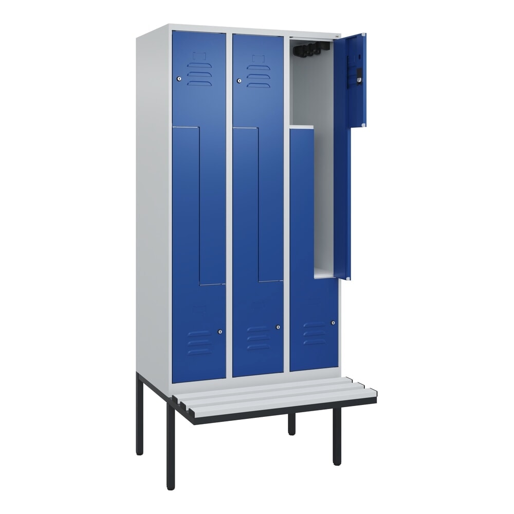 C+P Z-Spind Classic PLUS, 6 Abteile, HxBxT 2.120 x 900 x 815 mm, Zylinderschloss, auskragende Bank aus Kunststoff, lichtgrau, enzianblau Produktabbildung: C+P Z-Spind Classic PLUS, 6 Abteile, HxBxT 2.120 x 900 x 815 mm, Zylinderschloss, auskragende Bank aus Kunststoff, lichtgrau, enzianblau