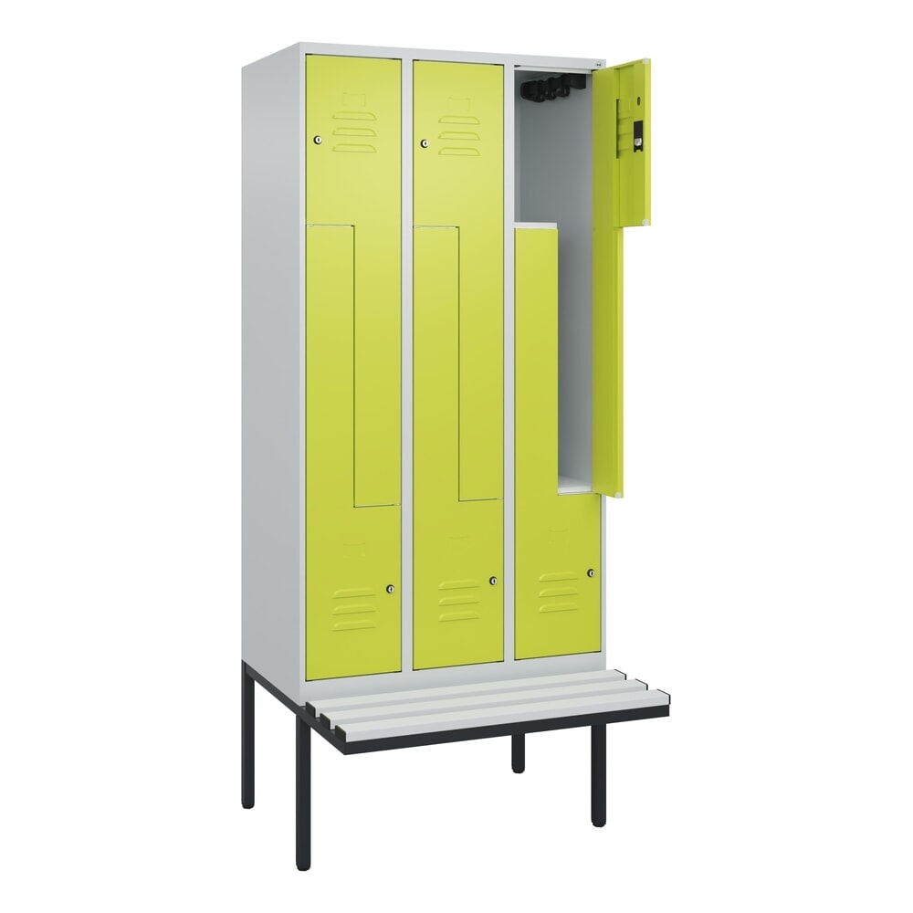 C+P Z-Spind Classic PLUS, 6 Abteile, HxBxT 2.120 x 900 x 815 mm, Zylinderschloss, auskragende Bank aus Kunststoff, lichtgrau, clowngrün Produktabbildung Nr. 1: C+P Z-Spind Classic PLUS, 6 Abteile, HxBxT 2.120 x 900 x 815 mm, Zylinderschloss, auskragende Bank aus Kunststoff, lichtgrau, clowngrün